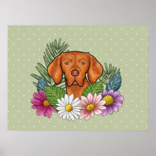 Affiche Vizsla hongrois et fleurs sauvages colorées vertes