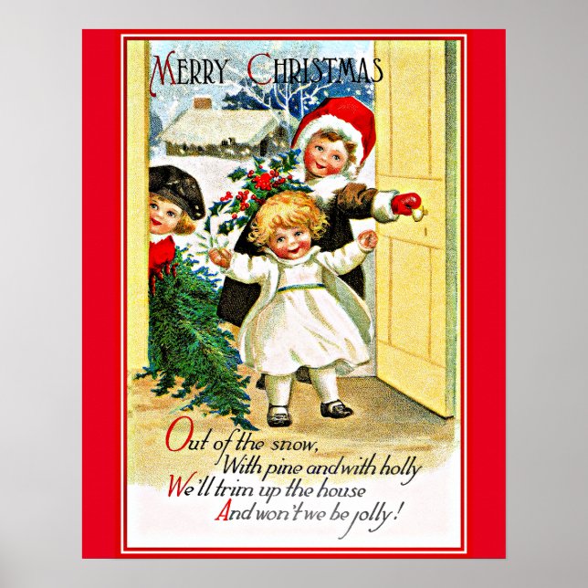 Affiche Voeux de Noël Vintage, Trois Enfants, (Devant)