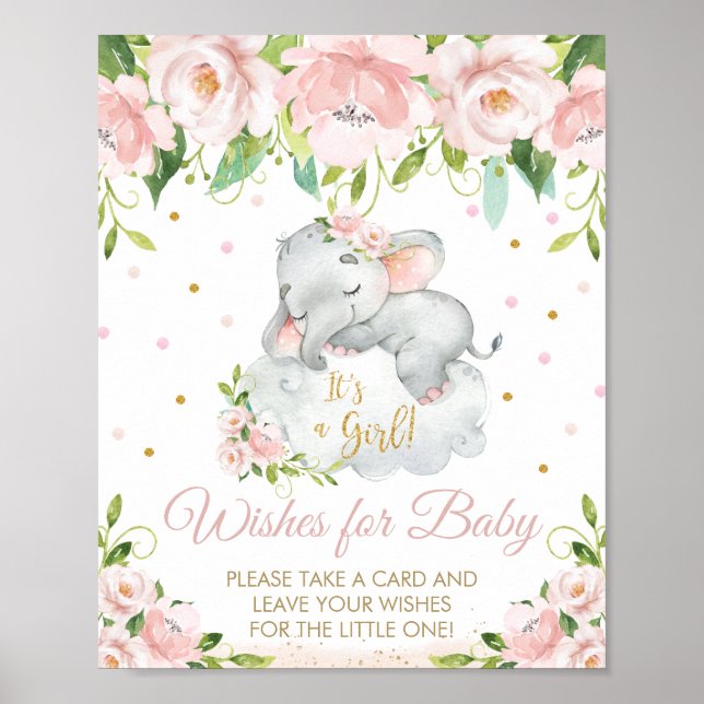 Affiche Voeux d'éléphant rose fleuri pour bébé (Devant)