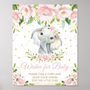 Affiche Voeux d'éléphant rose floral adorable pour bébé