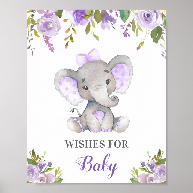 Affiche Voeux pour bébé fille pourpre Lilac Eléphant Douch (Devant)