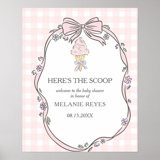 Affiche Voici la glace Sundae rose Fête de bébé (Devant)