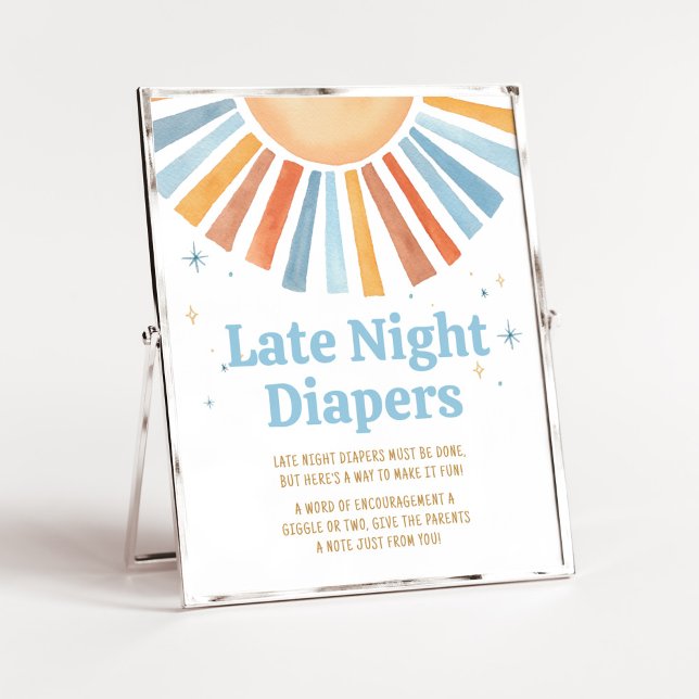 Affiche Voici le Baby shower Fils Diapeurs de nuit tardive (Boho Sunshine Baby Shower Late Night Diapers Sign)