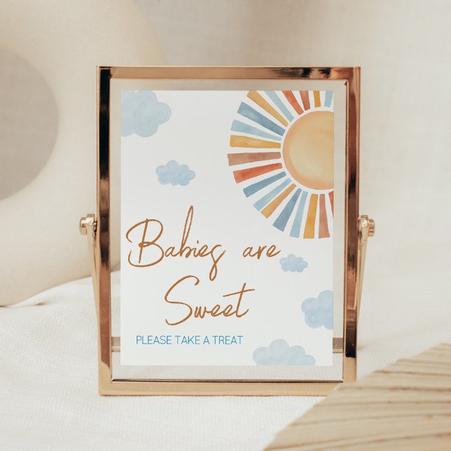 Affiche Voici Le Baby shower Soleil Les bébés sont doux (Blue Boho Sunshine Baby Shower Babies are Sweet Sign)