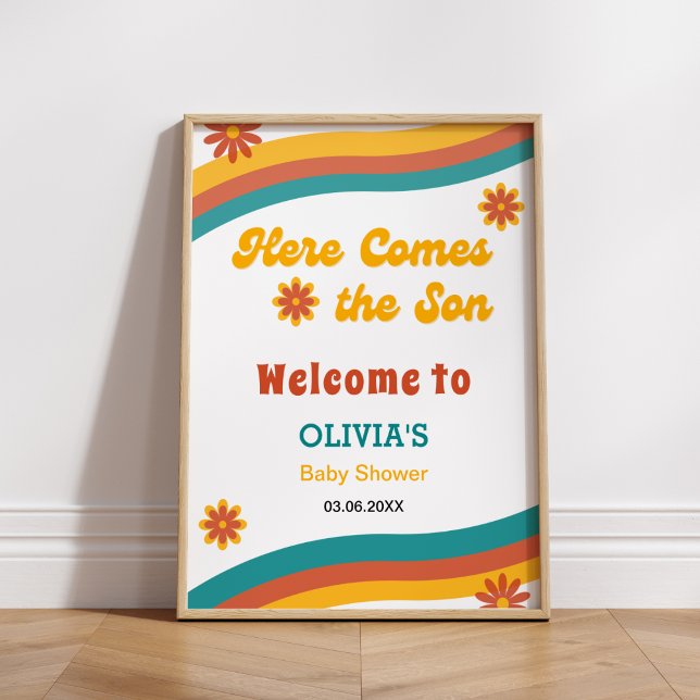 Affiche Voici le Son Retro Boy Baby shower Bienvenue (Here Comes the Son Retro Boy Baby Shower Welcome Sign )