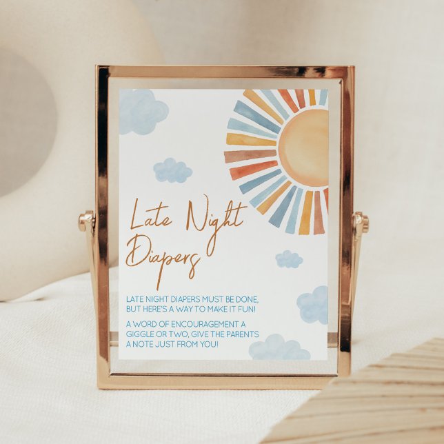 Affiche Voici Les Diapeurs De Nuit Du Baby shower Soleil (Blue Boho Sunshine Baby Shower Late Night Diapers Sign)