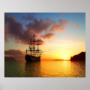 Affiche Voile de bateau de navigation sur le coucher du