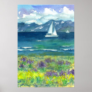 Affiche Voile Mountain Lake Purple Watercolor Lupines