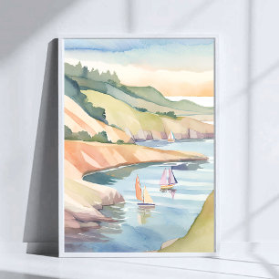 Affiche Voile Rivage   Aquarelle de l'océan de Rhode Islan