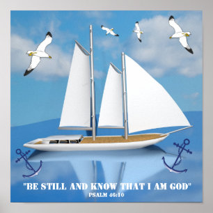 Affiche Voile Yacht sur eau calme avec mouettes volantes