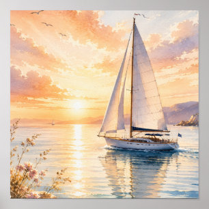 Affiche Voilier de luxe à l'aube Aquarelle