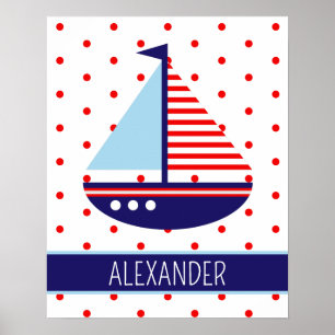 Affiche Voilier personnalisé rouge, blanc et bleu marine