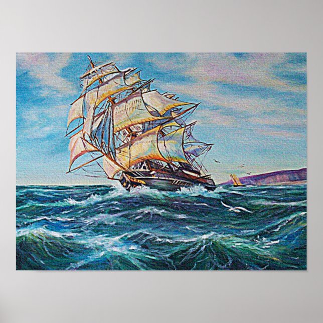 Affiche Voilier sur des eaux agitées de la mer Petit (Devant)