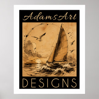 Affiche Voilier Vintage au Coucher de Soleil Lavis Texture