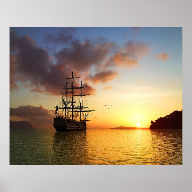 Affiche Voilier voile sur le coucher du soleil d'été, phot (Devant)