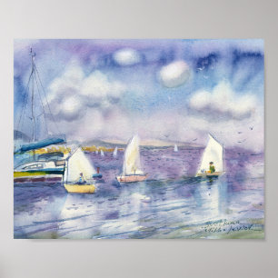 Affiche Voiliers blancs sur lavande bleu aquarelle