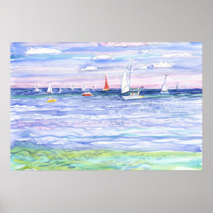 Affiche Voiliers Colorés sur Mer Bleue Aquarelle