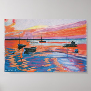 Affiche voiliers et coucher du soleil