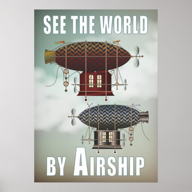 Affiche Voir le World Airship Noir Rouge Steampunk Travel (Devant)