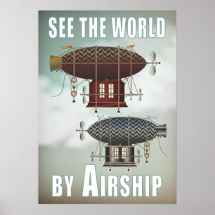 Affiche Voir le World Airship Noir Rouge Steampunk Travel
