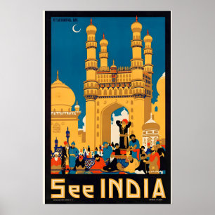 Affiche Voir l'Inde Hyderabad Charminar Voyage Vintage