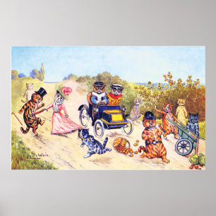 Affiche Voiture à moteur chats Louis Wain