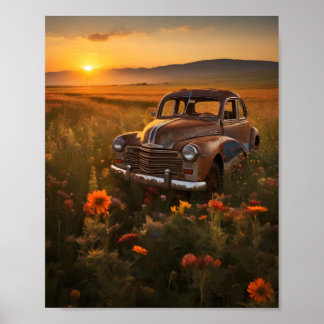 Affiche Voiture ancienne dans un champ au coucher du solei