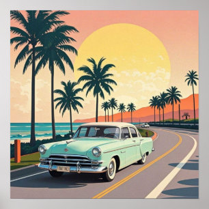 Affiche Voiture ancienne de style rétro sur une route côti