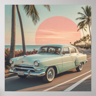 Affiche Voiture ancienne de style rétro sur une route côti