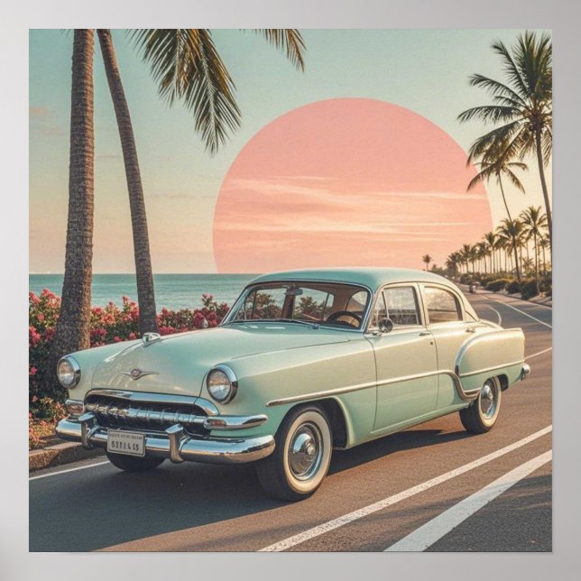 Affiche Voiture ancienne de style rétro sur une route côti (Devant)