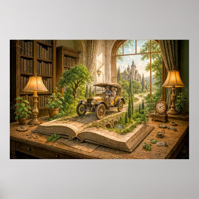 Affiche Voiture ancienne sortant d'une page de livre de co (Devant)
