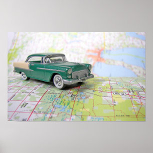 Affiche Voiture de 1955 sur une carte routière