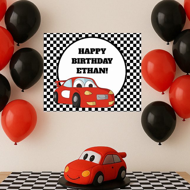 Affiche Voiture de course rouge Fête d'anniversaire à dami (Red race car birthday party poster)