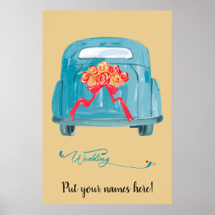 Affiche Voiture de départ rétro sarcelle et roses rouges m