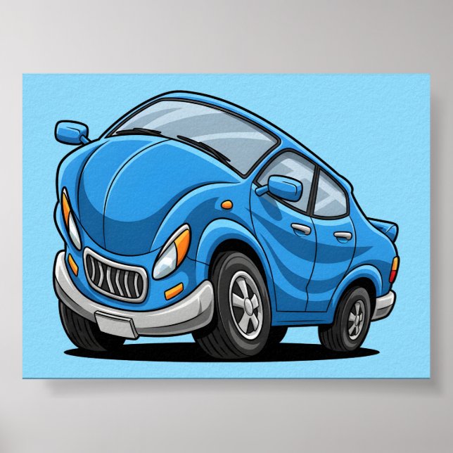 Affiche Voiture de dessin animé bleu déformé automatique (Devant)