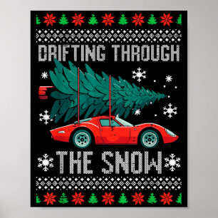 Affiche Voiture de Noël dérivant dans la neige Xmas hommes