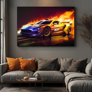 Affiche Voiture de sport de course enflammée, art numériqu