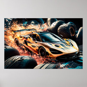 Affiche Voiture de sport de course Flame Gold Drifting #3