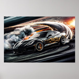 Affiche Voiture de sport de course noire élégante en dérap