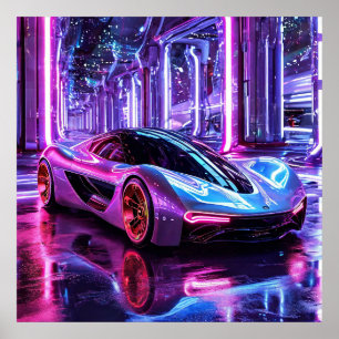 Affiche Voiture de sport néon futuriste vitesse ville nuit