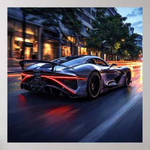 Affiche Voiture de sport noire élégante nuit ville moderne