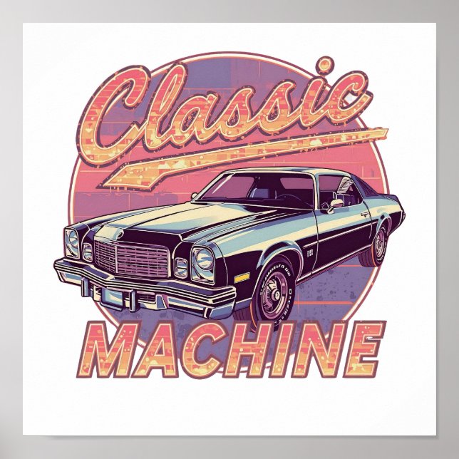 Affiche Voiture de Synthwave Nostalgique au Coucher du Sol (Devant)