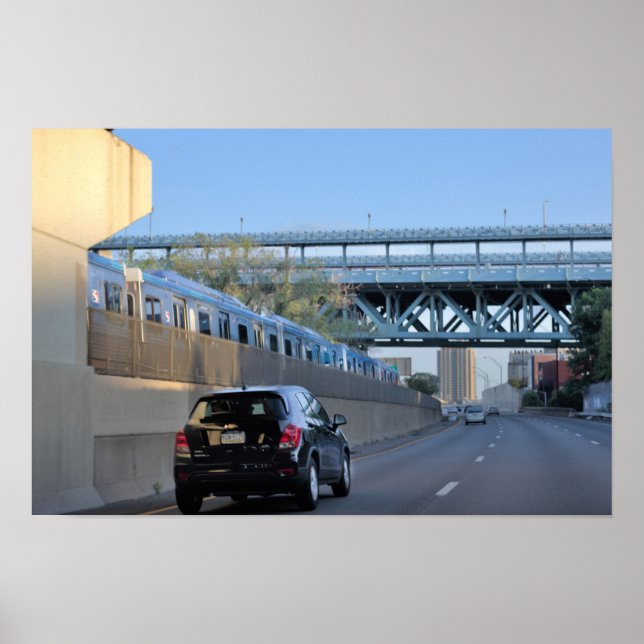 Affiche Voiture et train le long de l'autoroute (Devant)