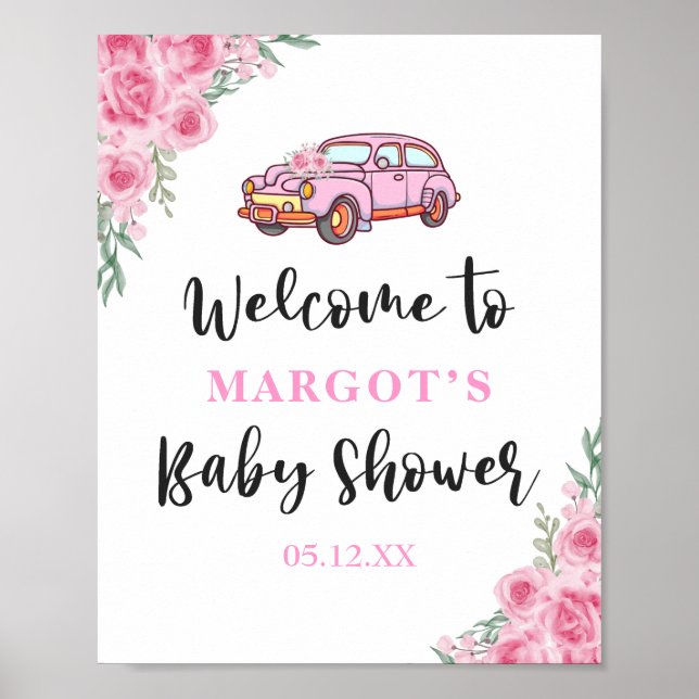 Affiche Voiture Florale Rose Par Baby shower Rose Bienvenu (Devant)