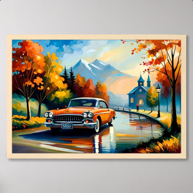 Affiche voiture peinture classique déplacement route de ca (car painting classic moving country road sunny day)