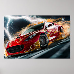 Affiche Voiture Red Racing avec Motif Flame Dur #1