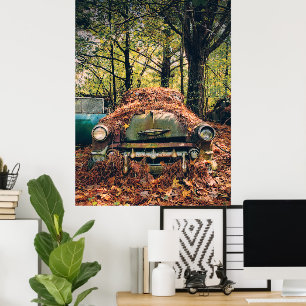 Affiche Voiture Rustique vintage en automne Feuilles Poste