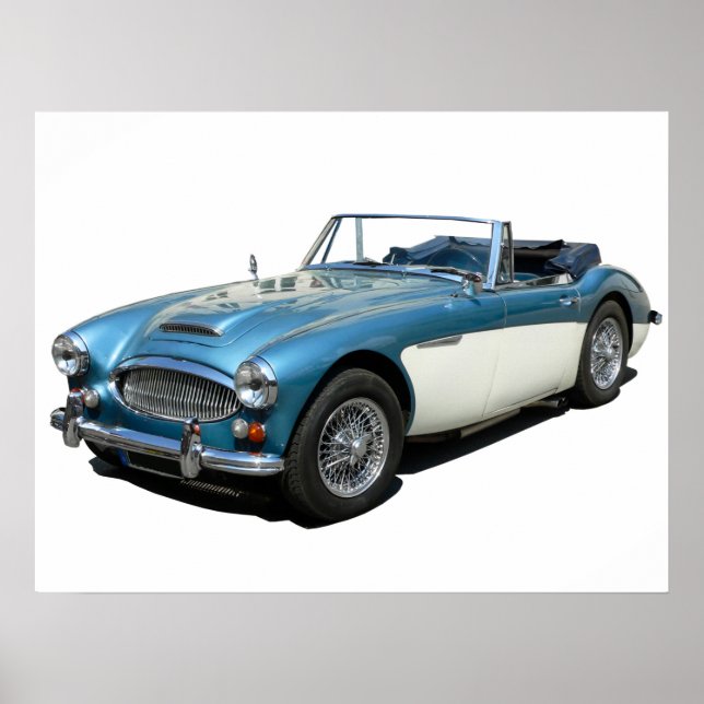 Affiche Voiture sport Austin Healey 3000 bleu et blanc (Devant)