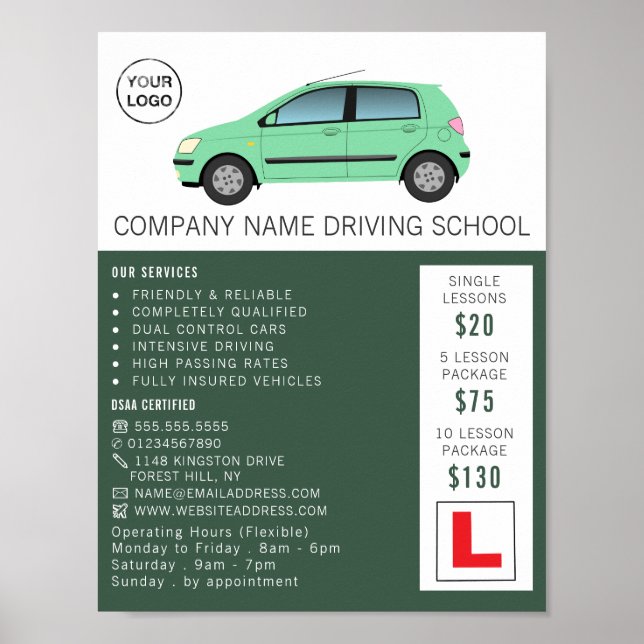 Affiche Voiture verte moderne, École de conduite, Instruct (Devant)
