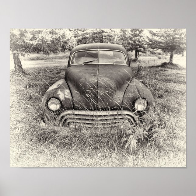 Affiche Voiture Vintage Antique Noir Et Blanc Rustique (Devant)